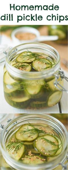 pickled cucumbers in jars with text overlay that reads homemade dill pickle chips