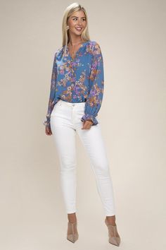 The delicate floral pattern and sheer chiffon fabric make this blouse a true work of art. Its elegant design and lightweight material create a feminine silhouette, making it perfect for any occasion. Floral print pattern Stand collar + V neckline Raglan long-sleeve Non-stretch Lined at bodice, not lined at sleeve Button up closure Fabric: 100% Polyester -Model is 5' 8" and wearing size Small Care instruction: Machine wash cold, tumble dry low Feminine Chiffon Blouse For Spring, Flowy Chiffon Blouse With Floral Print, Chic Chiffon Top With Floral Print, Casual Chiffon Blouse With Floral Print, White Floral Print Chiffon Tops, Spring Printed Chiffon Blouse, White Chiffon Top With Floral Print, Flowy Floral Print Blouse, Fitted Blue Chiffon Blouse