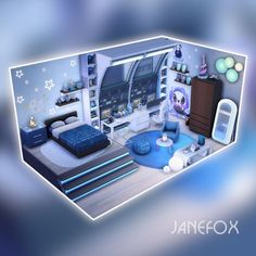 the interior of a bedroom is shown in blue and white colors, with stars on the ceiling