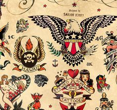 an old school tattoo design with many different tattoos on it's arms and shoulders