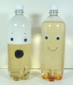 two plastic bottles with faces painted on them