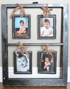 an old frame with three pictures hanging on the wall and tied to it's sides