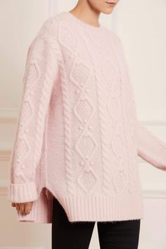 Sylvie Cable Longline Jumper – Pink | Needle & Thread Chic Knitted Cashmere Sweater, Cashmere Chunky Knit Sweater For Layering, Oversized Cable Knit Cashmere Sweater, Long Sleeve Chunky Knit Cashmere Sweater, Chic Cashmere Chunky Knit Sweater, Alpaca Long Sleeve Sweater For Layering, Chunky Knit Cashmere Long Sleeve Sweater, Chic Chunky Knit Cashmere Sweater, Cozy Knitted Cashmere Sweater