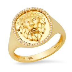 14K Yellow Gold Large Diamond Lion Signet Ring - 4.65GR, 2 RD=0.01, 48 SC=0.09 This lion signet ring is perfect for anyone, and especially a leo! A lion is a symbol os strength, courage, power, royalty, and dignity. Great statement piece for a night out! Handmade in Los Angeles, CA. Please allow 2-3 weeks for custom orders. Lion Signet Ring, Lion Ring, Lion Design, A Lion, Signet Ring, 3 Weeks, Ring Designs, Custom Orders, Gold Rings