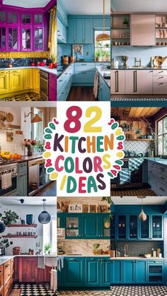 colorful kitchen cabinets with the words'82 kitchen colors ideas'in front of them