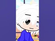 an anime character with white hair and blue shirt standing in front of a purple background