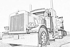 a black and white drawing of a semi truck