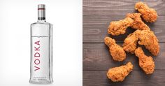 a bottle of vodka next to fried chicken on a wooden table and an image of a bottle of vodka