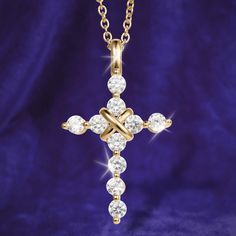 This cross is fashioned from premium sterling silver, a lustrous gold plated finish graces its surface, infusing warmth and radiance. An array of shimmering Diamondeau®, flawless simulated diamond, embellish the cross, casting a celestial glow upon its surface. Placed in the center is a resplendent golden X which stands as a testament to the intersection of faith and fashion. Embrace the divine elegance of faith with this outstanding cross. Yellow Gold Cubic Zirconia Cross Jewelry, Elegant Brilliant Cut Crucifix Jewelry, Gold Cross Pendant Necklace With Brilliant Cut, Gold Brilliant Cut Cross Pendant Necklace, Gold Cross Necklace With Brilliant Cut, New Catalogue, Latest Jewellery, Piercing Tattoo, Jewelry Inspo