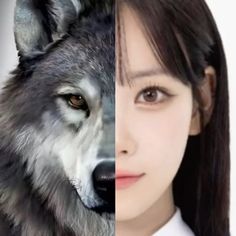 two different pictures of the same woman and one wolf, both with their eyes closed