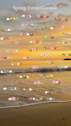 an image of a beach scene with hearts in the sky and flowers on the sand