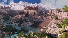 an aerial view of a mountain range with trees, rocks and mountains in the background