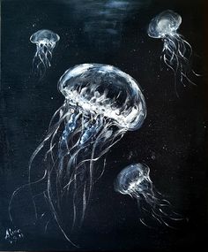 an oil painting of jellyfish floating in the water on a black background with bubbles