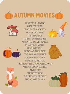 an autumn movie list with pumpkins, mushrooms and other things to eat on it