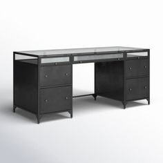 an office desk with two drawers and a glass top on the bottom, against a white background