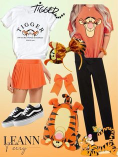 a woman wearing an orange skirt and t - shirt with winnie the pooh on it