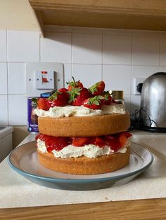 a cake sitting on top of a plate in a kitchen next to a toaster