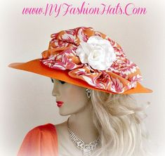 Women's Orange Wide Brimmed Fashion Hat, With An Orange, White, And Pink Fabric Bow. A Lovely White Rose, Give This Hat Such Elegance. A Perfect Hat, For Weddings, Church, Temple, Formals, Tea's, And Special Occasions. By www.NYFashionHats.Com Hot Pink Wedding, Mother Of The Bride Hats, Church Lady Hats, Ladies Dress Hats, Dressy Hats, Hot Pink Weddings, Horse Races, Fancy Fashion, Luxury Hats