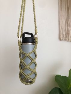 a bottle hanging from a rope with a cup in the middle and a plant next to it