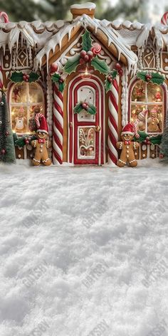 a gingerbread house decorated with candy canes and christmas decorations is shown in the snow