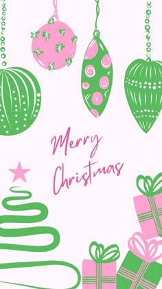 a christmas card with ornaments and presents hanging from the strings, on a pink background