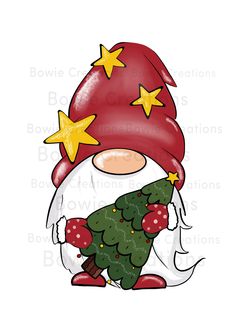 a gnome holding a christmas tree with stars on its head and wearing a red hat