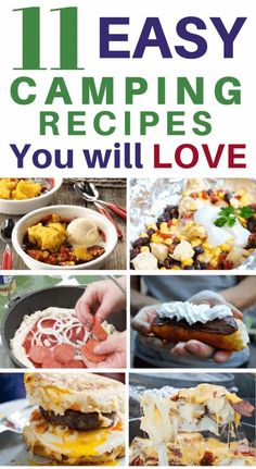 the cover of 11 easy camping recipes you will love, with pictures of different foods