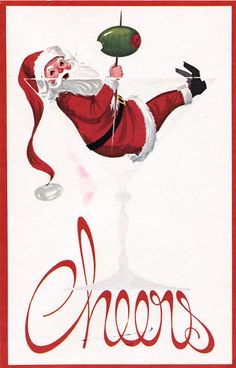 an old fashioned christmas card with santa claus flying through the air holding a green object