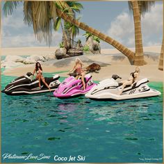 three women are sitting on jet skis in the water near palm trees and an island