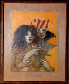 an oil painting of two women with clown makeup on their faces and one holding a doll