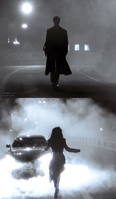 the silhouettes of two people walking in front of a car on a foggy street