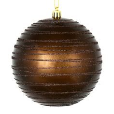 a brown ball ornament hanging from a gold chain on a white background with room for text