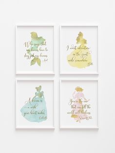 four watercolor prints with gold and green ink on white paper, each featuring different quotes