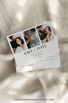 save the date postcard with two photos on it, sitting on a bed sheet