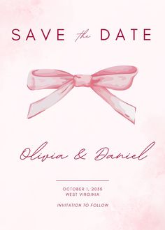 save the date card with a pink bow on it