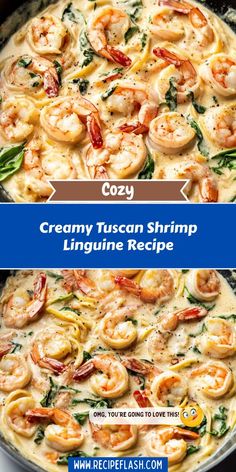 creamy tuscan shrimp linguinne recipe in a skillet