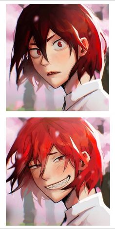 two pictures of the same person with red hair