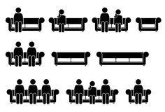 black and white silhouettes of people sitting on couches