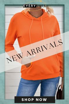 Orange Kangaroo Pocket Long Sleeve Pullover Hoodie Fall Crew Neck Hoodie With Pockets, Solid Long Sleeve Tops With Kangaroo Pocket, Solid Color Hooded Sweatshirt With Pockets, Casual Hooded Sweater With Pockets, Solid Color Hoodie With Kangaroo Pocket, Spring Hooded Top With Kangaroo Pocket, Solid Hoodie With Kangaroo Pocket, Solid Color Hoodie Sweatshirt With Kangaroo Pocket, Casual Hooded Sweater With Kangaroo Pocket