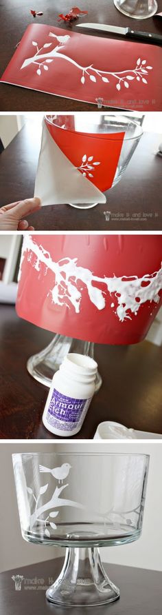 three different pictures of a glass bowl with white flowers on the bottom and red base