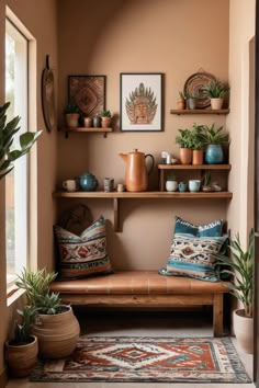 Cozy nook with a wooden bench, patterned pillows, potted plants, and eclectic wall art. Sedona Home Decor, Welcoming Living Room Ideas, Desert Design Ideas, Sedona Interior Design, South American Interior Design, Santa Fe Living Room Southwest Style, Southwest Aesthetic Home, Arizona Aesthetic Home, Southwest Design Interior