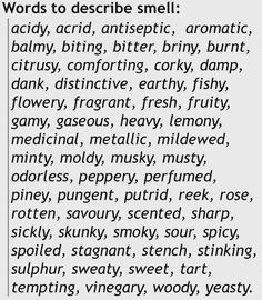 the words are written in black and white on a piece of paper that says, words to describe smell