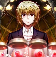 an anime character with blonde hair and red eyes, wearing a black jacket and white shirt