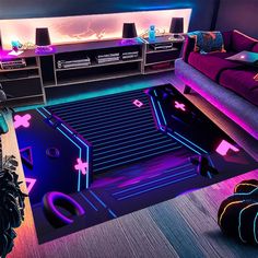 a living room filled with furniture and neon lights on the walls, along with a rug that looks like a video game console