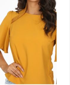 Mustard pleated trim blouse, with wide short sleeve and keyhole back button closure. Sizes  2x8 2x10 2x12 2x14 Womens Blouses, Womens Clothing Tops, Mustard, Art Collection, Open Shoulder Tops, Blouses For Women, Bathing Beauties, Blouses, Tops & Tees