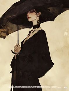 a woman holding an umbrella in her hand and wearing a black dress with lace on it