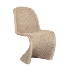 an upholstered chair that is made out of woven material and has a curved back