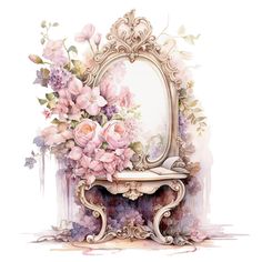 an artistic painting of flowers in front of a mirror