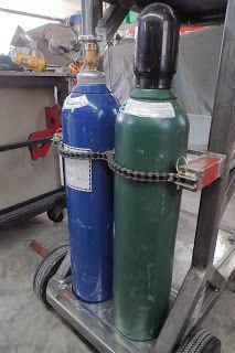 two propane cylinders on a dolly in a warehouse