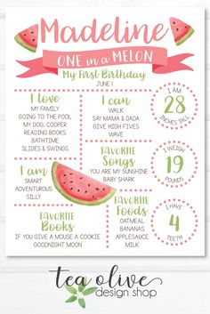 a watermelon birthday poster with the date and time for each child's first birthday